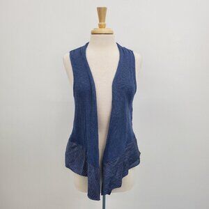 J. Jill Linen Sleeveless Knit Cardigan Sweater Size L Blue Vest Pinstripe Peplum
